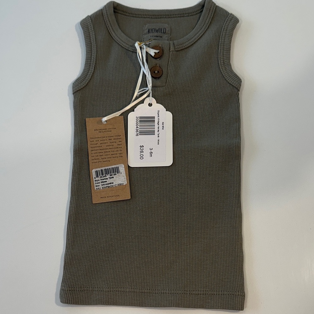Kid Wild Organic Vintage Henley Tank Moss Green Ribbed Sleeveless Top 3-6 Months